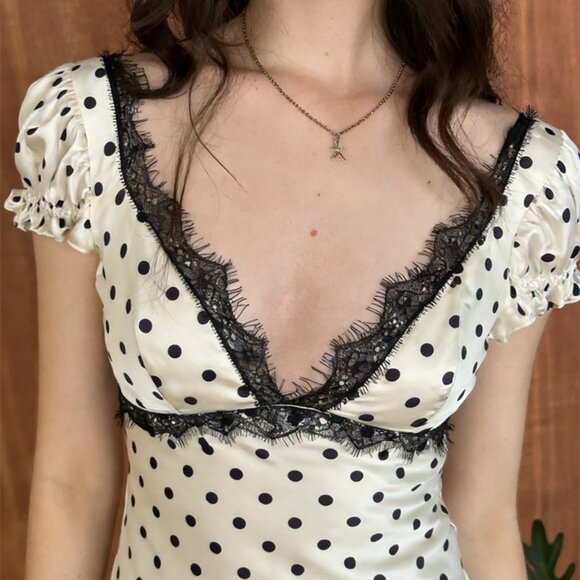 Dresses & Skirts - French Vintage Polka Dot Maxi Dress - Romantic Lace Trim Long Gown